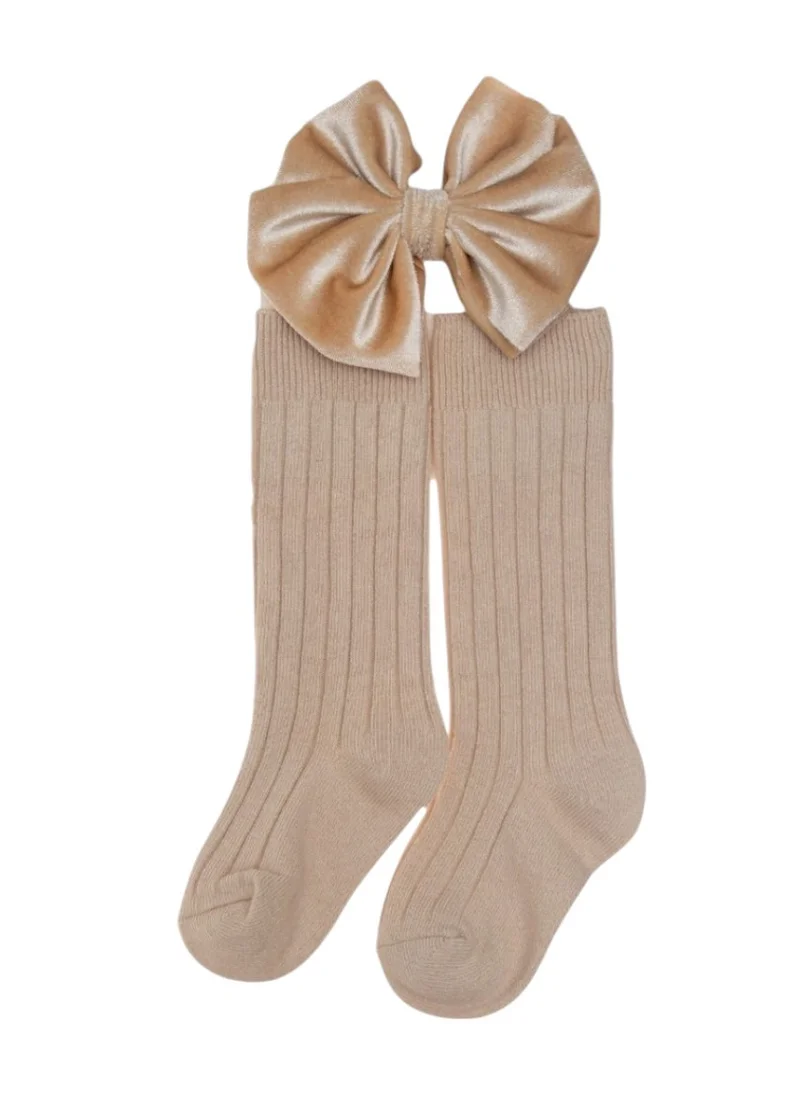 D'Daniela Mikha Socks & Ribbon Bow Set For Babies and Girls - Beige