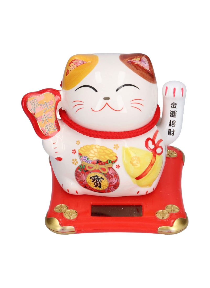 SYOSI Ceramic Maneki Neko Lucky Cat, Fortune  Chinese Eastern Cat Solar Powered Lucky Cat Happy Cat Waving Arm Fortune Cat Chinese Feng Shui Decor for Shop, Home, Restaurants, Car 3.9" x 3.7" x 4.1"  - Image 1