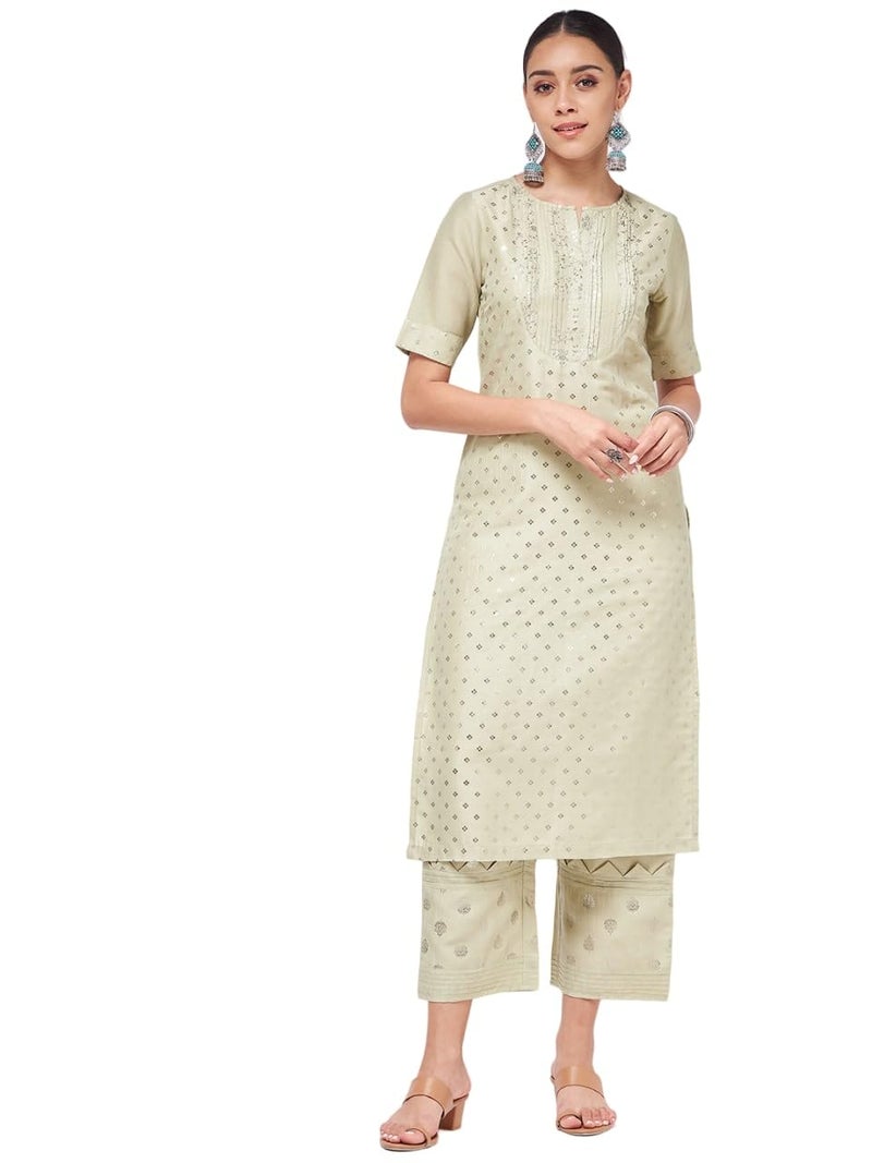 Pannkh Women's Festive Foil Printed Straight-Fit Kurta Lightweight Cotton Kurti with Shiny Foil Detailing for Special Occasions Pista Green - Image 1