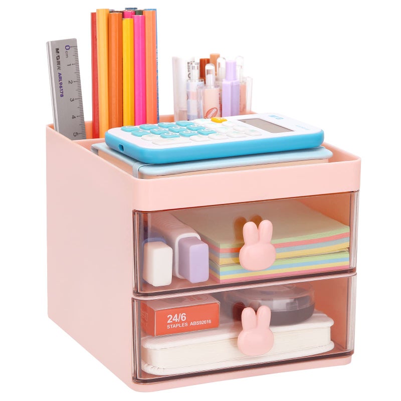 LETURE Small Desk Organizer With Drawer Office Desktop Storage Box Business CardPenPencilMobile PhoneStationery Holder Storage Box Makeup Organizer for Office School Home Pink