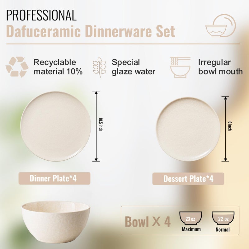 Dafuceramic Plates and Bowls Sets,12 Pieces Beige Dinnerware Sets for Kitchen, Reactive Glaze Dishes Set for 4, Dishwasher and Microwave Safe, Series Starflecked Shore (Beige) - Image 2