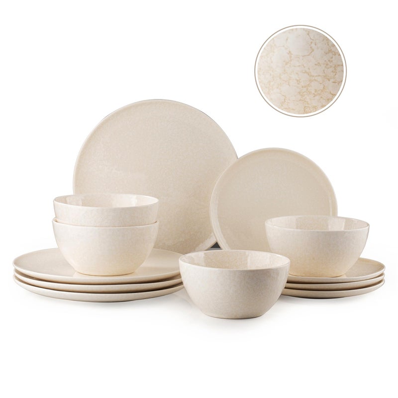 Dafuceramic Plates and Bowls Sets,12 Pieces Beige Dinnerware Sets for Kitchen, Reactive Glaze Dishes Set for 4, Dishwasher and Microwave Safe, Series Starflecked Shore (Beige) - Image 1
