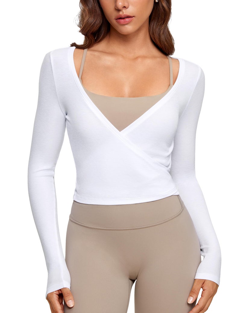 INGIA Womens V-Neck Long Sleeve Cross Wrap Top Slim Fit Soft Knit Layering Shirt Casual Yoga Gym Bandage Tie Tops White Large - Image 1
