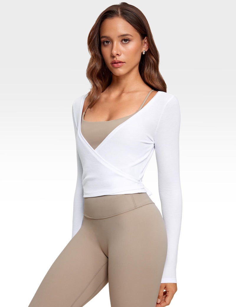INGIA Womens V-Neck Long Sleeve Cross Wrap Top Slim Fit Soft Knit Layering Shirt Casual Yoga Gym Bandage Tie Tops White Large - Image 3