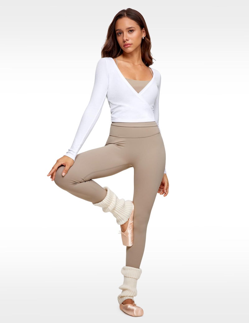 INGIA Womens V-Neck Long Sleeve Cross Wrap Top Slim Fit Soft Knit Layering Shirt Casual Yoga Gym Bandage Tie Tops White Large - Image 5