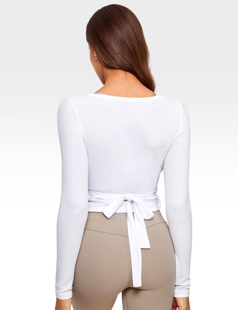 INGIA Womens V-Neck Long Sleeve Cross Wrap Top Slim Fit Soft Knit Layering Shirt Casual Yoga Gym Bandage Tie Tops White Large - Image 2