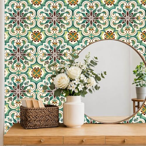 IVN 10PCS 12x12 Inch Green Vintage Floral Mandala Design Pattern Floor Tiles Peel and Stick Removable Self Adhesive DIY Vinyl Flooring Stickers for Kitchen Bathroom Living Room Entryway Home Decor - Image 2