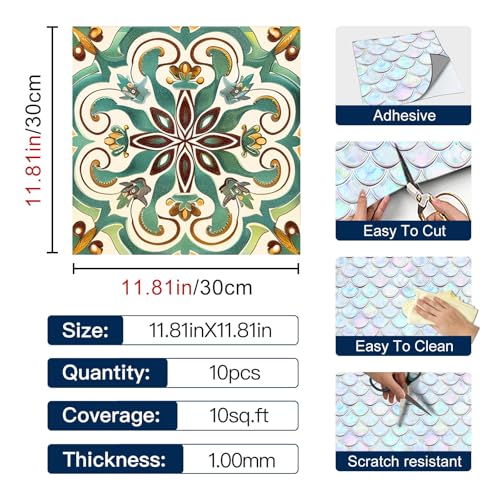 IVN 10PCS 12x12 Inch Green Vintage Floral Mandala Design Pattern Floor Tiles Peel and Stick Removable Self Adhesive DIY Vinyl Flooring Stickers for Kitchen Bathroom Living Room Entryway Home Decor - Image 4