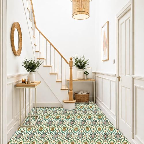 IVN 10PCS 12x12 Inch Green Vintage Floral Mandala Design Pattern Floor Tiles Peel and Stick Removable Self Adhesive DIY Vinyl Flooring Stickers for Kitchen Bathroom Living Room Entryway Home Decor - Image 5