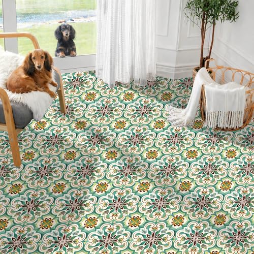 IVN 10PCS 12x12 Inch Green Vintage Floral Mandala Design Pattern Floor Tiles Peel and Stick Removable Self Adhesive DIY Vinyl Flooring Stickers for Kitchen Bathroom Living Room Entryway Home Decor - Image 3
