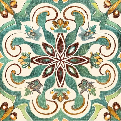 IVN 10PCS 12x12 Inch Green Vintage Floral Mandala Design Pattern Floor Tiles Peel and Stick Removable Self Adhesive DIY Vinyl Flooring Stickers for Kitchen Bathroom Living Room Entryway Home Decor - Image 1