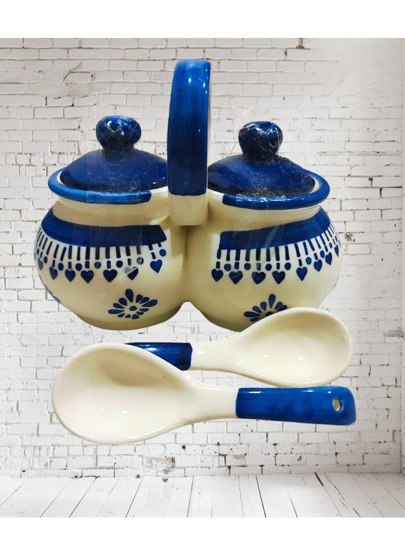 YOUR LOCAL STORE YOUR LOCAL STORE Ceramic Spice Jar Condiment 200 ml with Lid and Spoon for Sugar Salt Chili Oil Grains HerbsHokageMatki Shaped PickleChutney Container Set of 2 Blue Jhallar  - Image 3