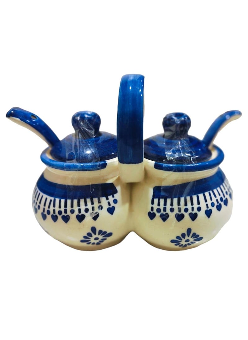 YOUR LOCAL STORE YOUR LOCAL STORE Ceramic Spice Jar Condiment 200 ml with Lid and Spoon for Sugar Salt Chili Oil Grains HerbsHokageMatki Shaped PickleChutney Container Set of 2 Blue Jhallar  - Image 1