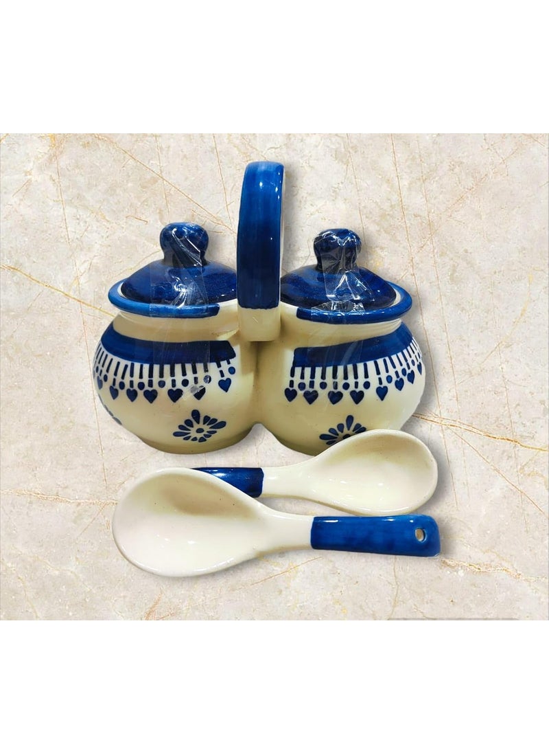 YOUR LOCAL STORE YOUR LOCAL STORE Ceramic Spice Jar Condiment 200 ml with Lid and Spoon for Sugar Salt Chili Oil Grains HerbsHokageMatki Shaped PickleChutney Container Set of 2 Blue Jhallar  - Image 2