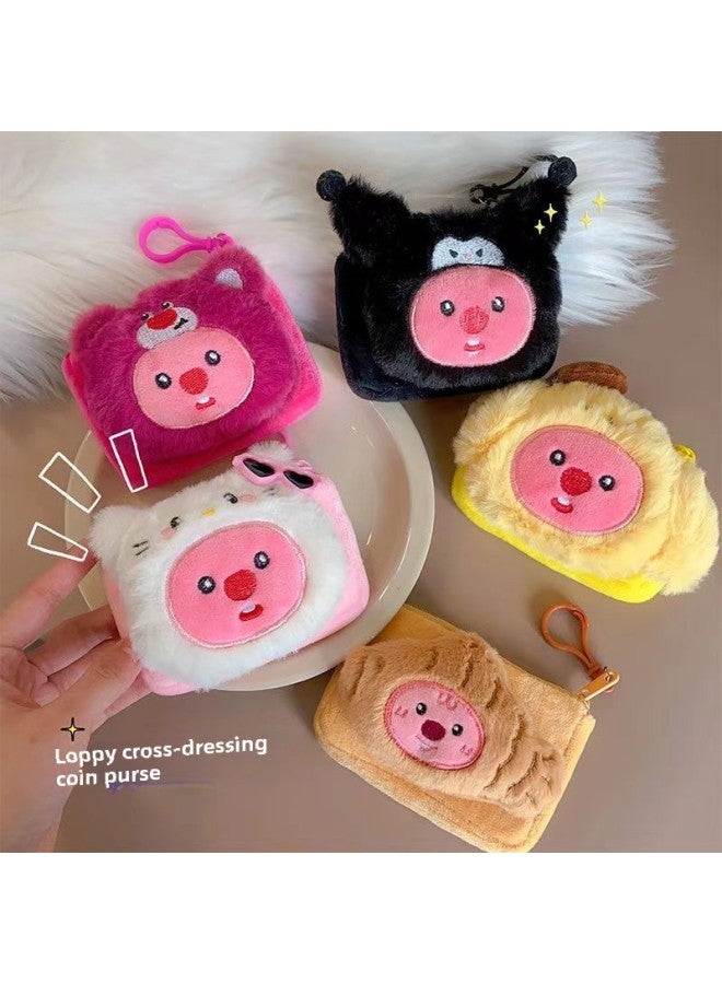Cartoon Sanrio Plush Coin Purse Cute Soft Moe Coin Storage Bag Student Portable Earphone Bag Pendant-Color:Square Cross-dressing Beaver--storage Bag Mixed Hair  - Image 1