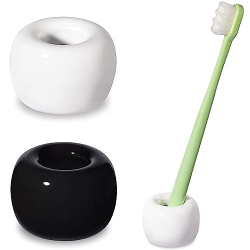 HalfofLife Mini Ceramics Toothbrush Holder Stand for Bathroom Vanity Countertop, Handmade Couple Toothbrush Head Holder, Shaver Holder and Office Pen Holder, Black&White, Pack of 2 - Image 1