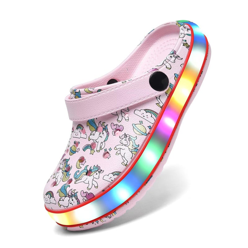 XPKWS Toddler Kids Clogs Boys Girls LED Garden Shoes Light up Sandals Slip on Quick Dry Beach Slippers (DJS-Pink, 28) - Image 1
