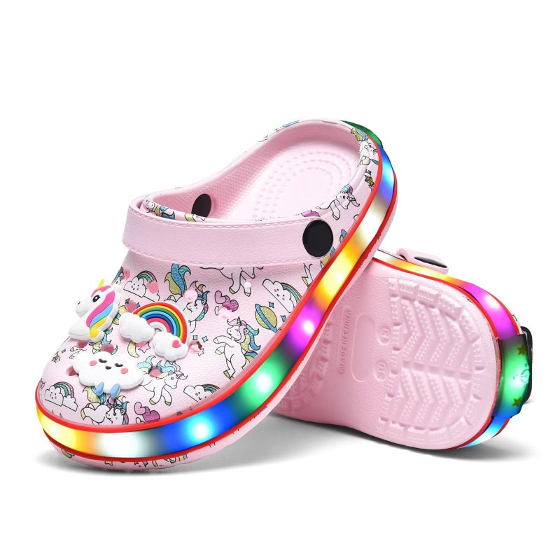 XPKWS Toddler Kids Clogs Boys Girls LED Garden Shoes Light up Sandals Slip on Quick Dry Beach Slippers (DJS-Pink, 28) - Image 5