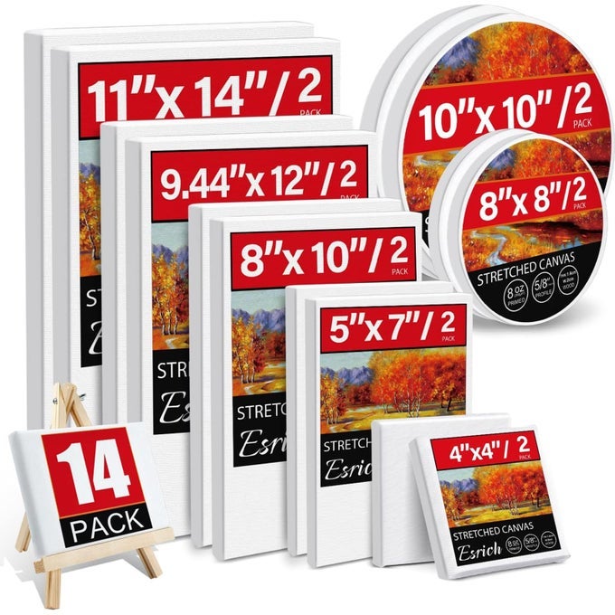 14 PACKS STRETCHED CANVASES FOR PAINTING MULTI PACK 11X14 944X12 8X10 5X7 4X4 ROUND CANVAS WITH 8X810X102 OF EACH BLANK PRIMED CANVAS FOR OIL PAINT ACRYLIC PAINT FOR BEGINNERS ARTISTS