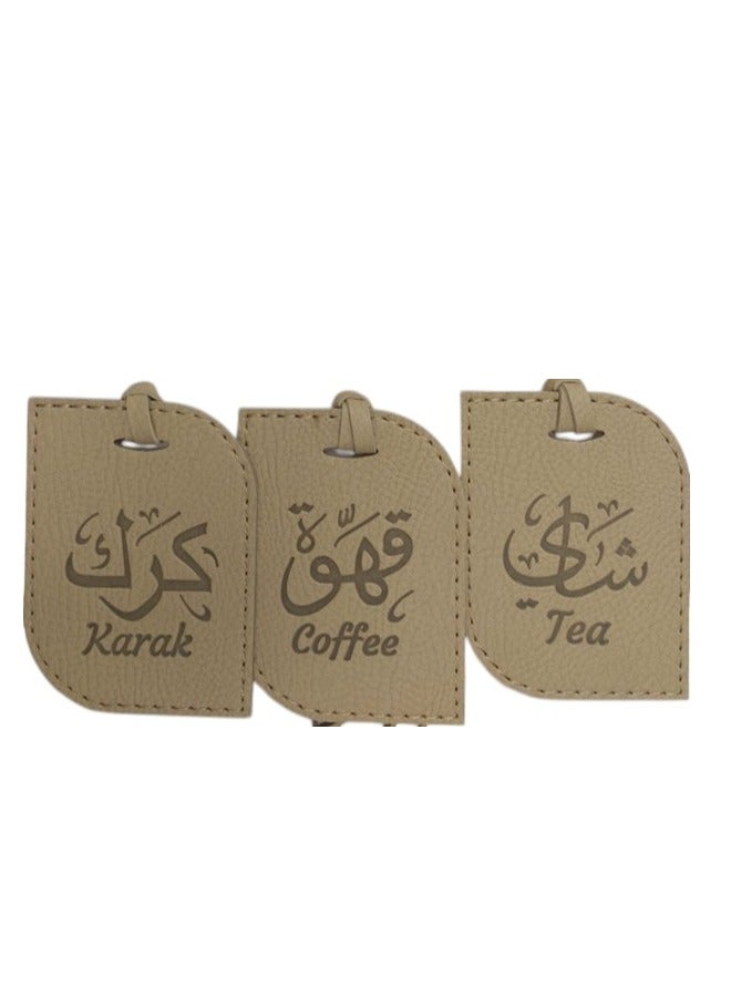 Bayti H.H. Selsela Leather Hanging Tags – Elegant Dallah Name Labels for Tea, Karak & Coffee Set E (Beige Set of 3)