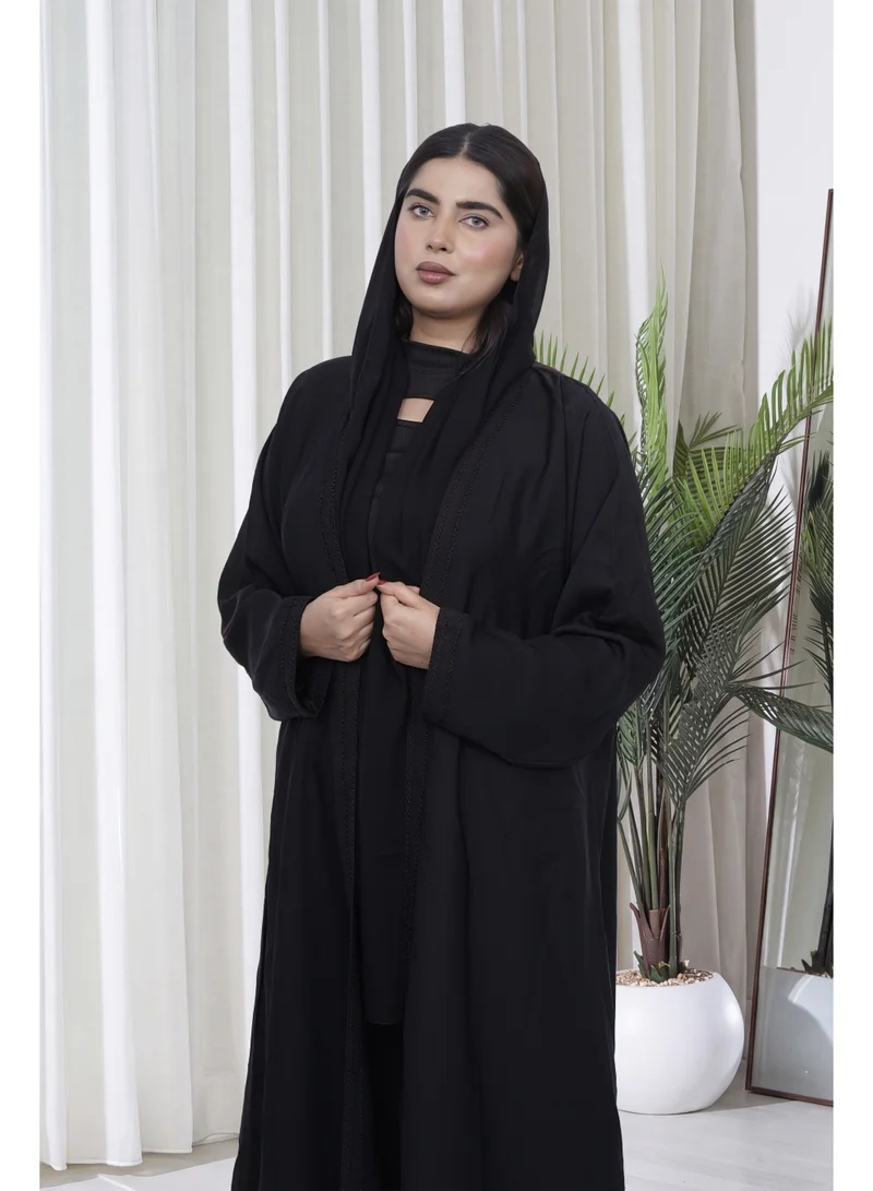 Fashion Line Elegant Black Open-Front Abaya with Delicate Bead Embroidery