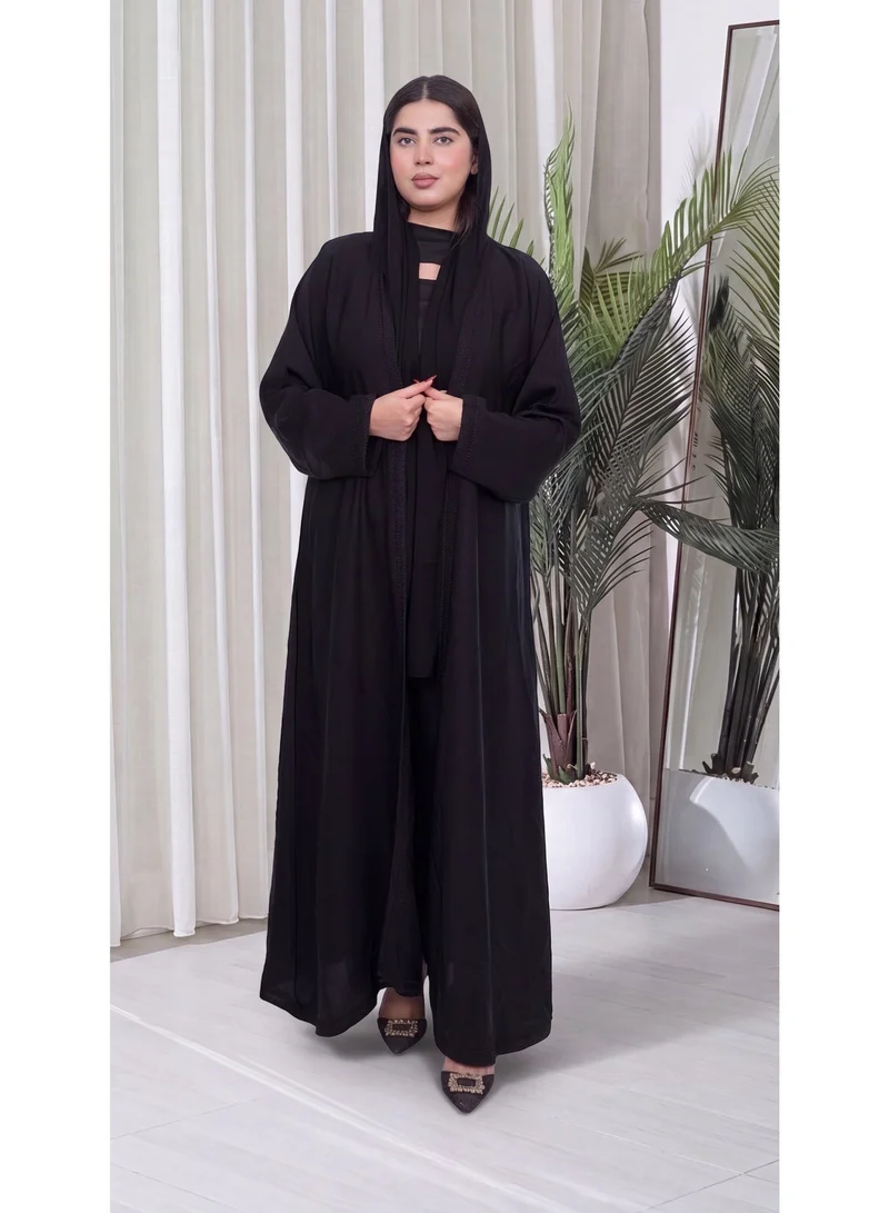 Fashion Line Elegant Black Open-Front Abaya with Delicate Bead Embroidery