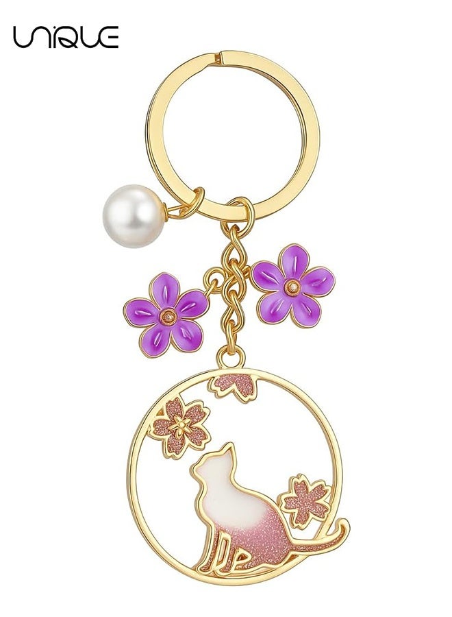 Unique Cat Keychain,with Floral Hollow Pendant Purple Flowers & Pearl Charm,Sweet Keychains Bag Charms for Women,Cute Key Chains Gift for Cats Lovers, Women, Girls - Image 1