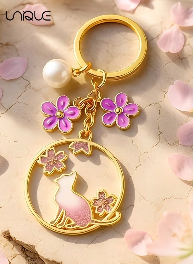 Unique Cat Keychain,with Floral Hollow Pendant Purple Flowers & Pearl Charm,Sweet Keychains Bag Charms for Women,Cute Key Chains Gift for Cats Lovers, Women, Girls - Image 3
