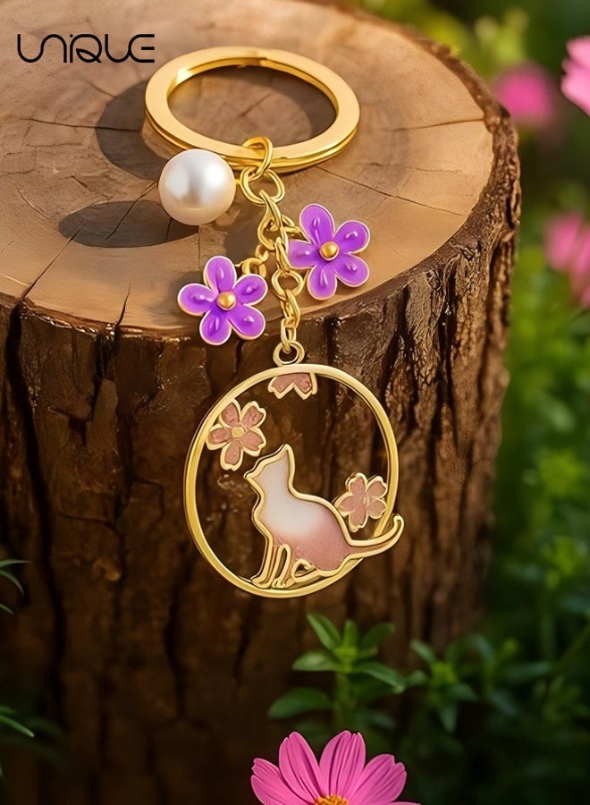 Unique Cat Keychain,with Floral Hollow Pendant Purple Flowers & Pearl Charm,Sweet Keychains Bag Charms for Women,Cute Key Chains Gift for Cats Lovers, Women, Girls - Image 4