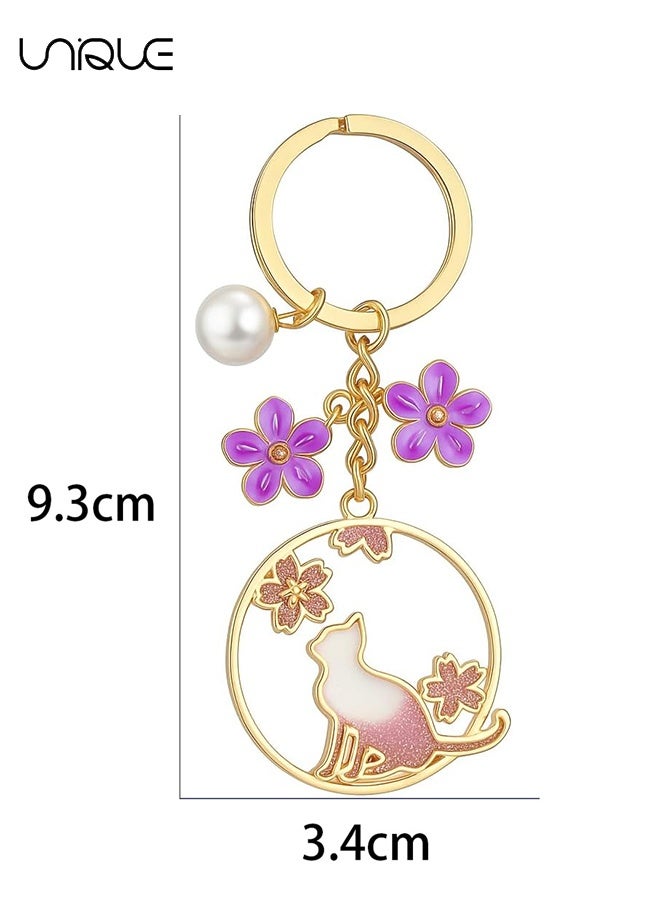 Unique Cat Keychain,with Floral Hollow Pendant Purple Flowers & Pearl Charm,Sweet Keychains Bag Charms for Women,Cute Key Chains Gift for Cats Lovers, Women, Girls - Image 2