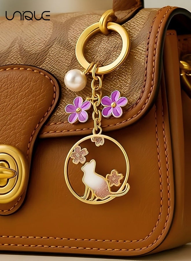 Unique Cat Keychain,with Floral Hollow Pendant Purple Flowers & Pearl Charm,Sweet Keychains Bag Charms for Women,Cute Key Chains Gift for Cats Lovers, Women, Girls - Image 5