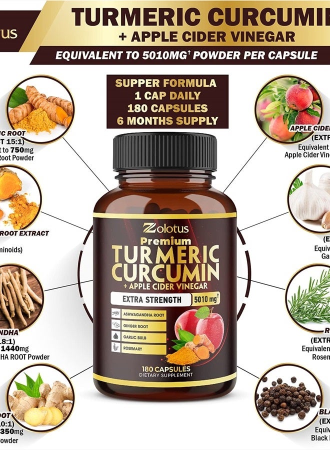 Zolotus كبسولات الكركم الكركمين + خل التفاح 7 في 1 بريميوم، تعادل 5010 ملغ، إمداد لمدة 6 أشهر مع أشواغاندا، زنجبيل، فص ثوم، 95% كركمينويد موحد، دعم المفاصل والامتصاص - Image 2