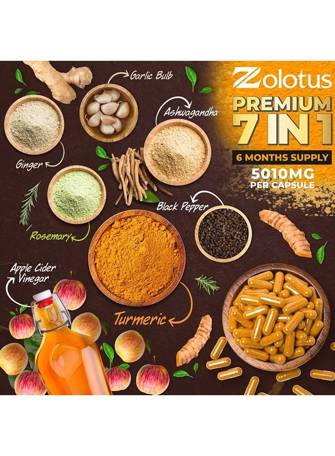 Zolotus كبسولات الكركم الكركمين + خل التفاح 7 في 1 بريميوم، تعادل 5010 ملغ، إمداد لمدة 6 أشهر مع أشواغاندا، زنجبيل، فص ثوم، 95% كركمينويد موحد، دعم المفاصل والامتصاص - Image 3