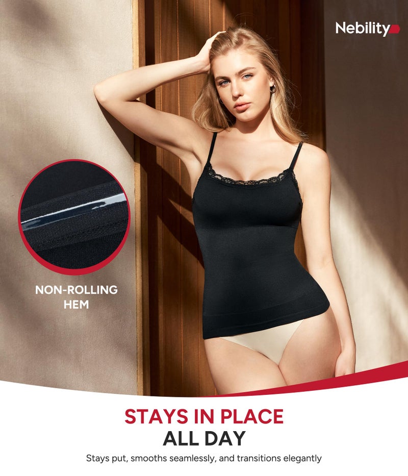 Nebility Compression Tanks for Women Tummy Control Shapewear Tank Top Seamless Body Shaper Lace Cami Camisoles(Large, Black) - Image 3