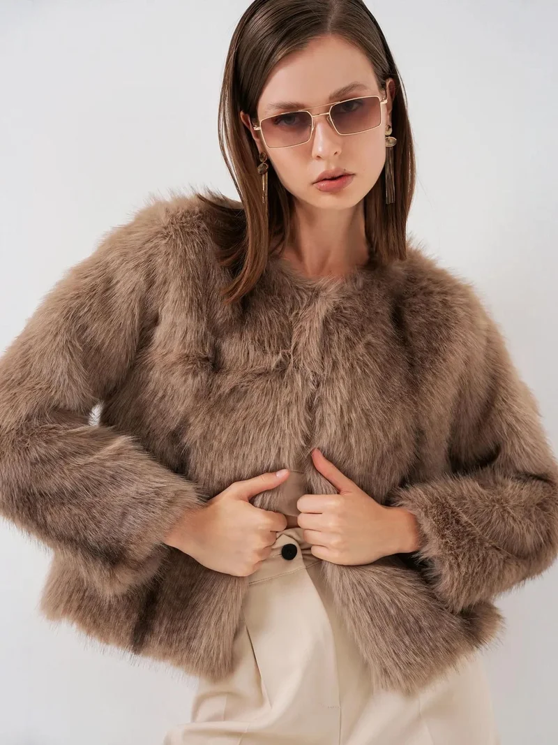 BDART Crop Fit Faux Fur Plush Coat