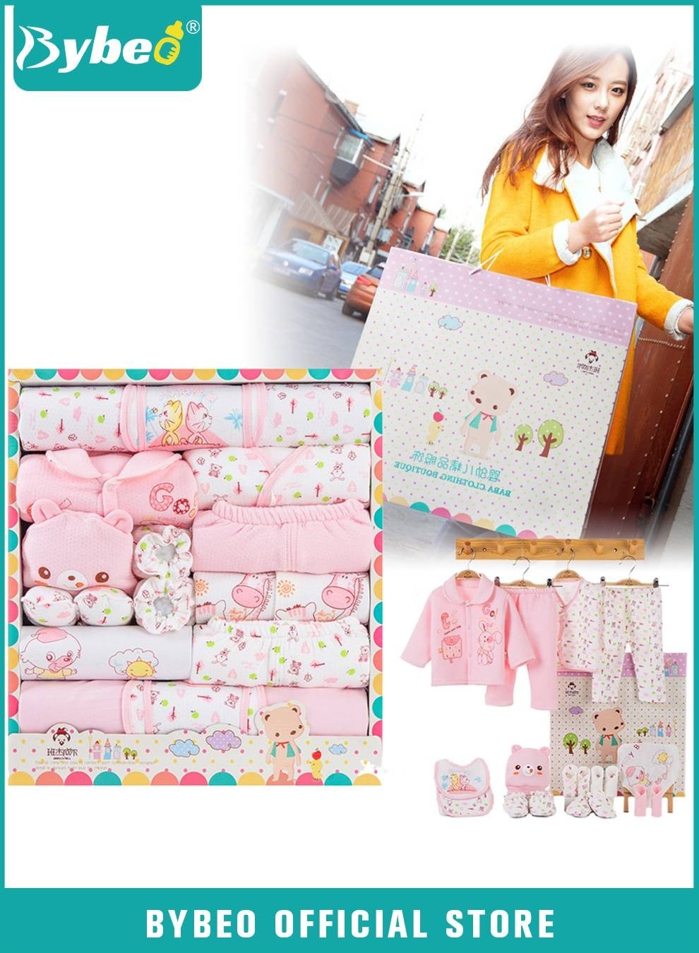 18PCS Newborn Baby Gifts Set, Newborns Layette Gift for Girl Boys, Infant Essential Clothes Accessories, Premium Cotton Babies' Pant and Top Sets, with Beautifully Packaged Boxes and Prints
