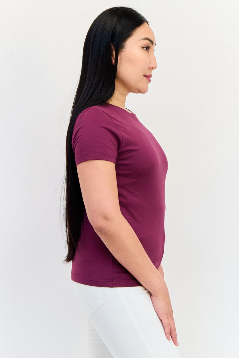 ONLY Women Crew Neck Short Sleeves Brand Logo Top, Maroon - Image 3