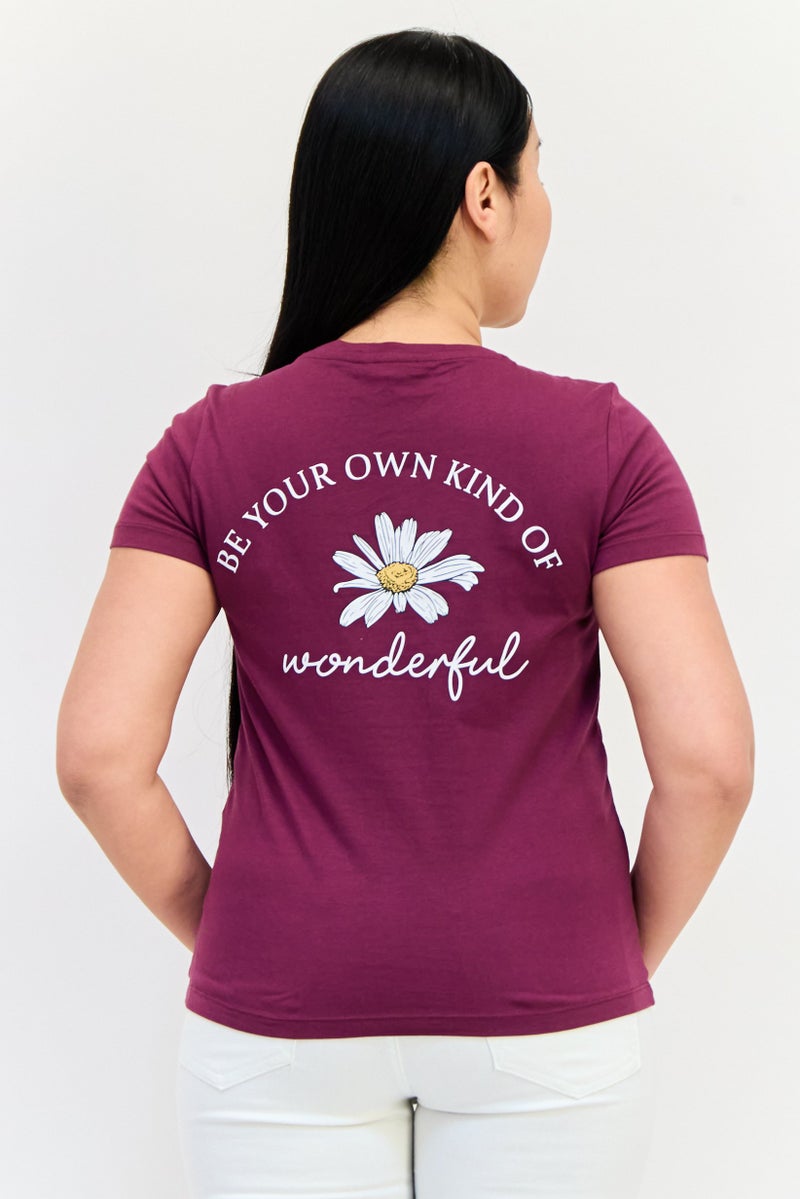 ONLY Women Crew Neck Short Sleeves Brand Logo Top, Maroon - Image 2