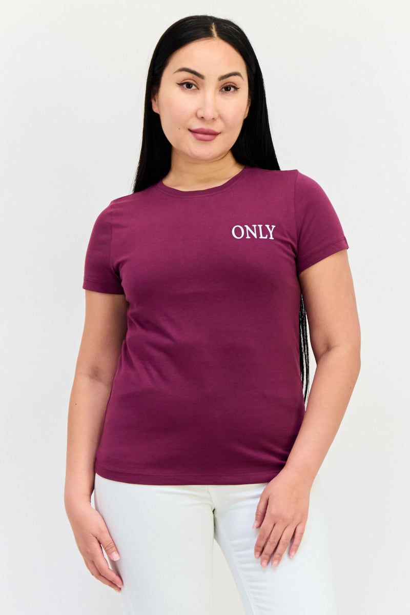 ONLY Women Crew Neck Short Sleeves Brand Logo Top, Maroon - Image 1