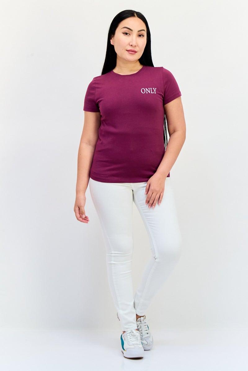 ONLY Women Crew Neck Short Sleeves Brand Logo Top, Maroon - Image 4