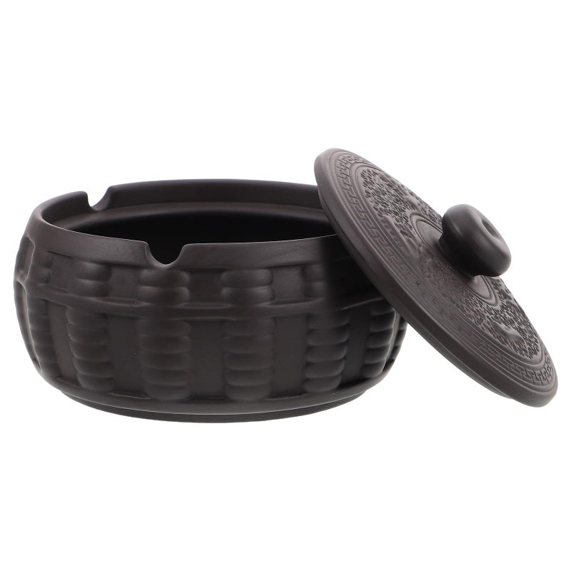 Ceramic Windproof Ashtray with Lid Retro Purple Clay Storage Container for Home Office Desktop - Image 2