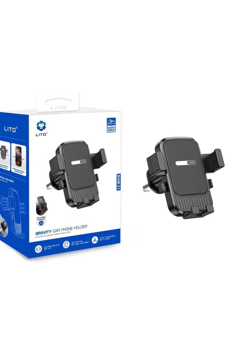 Lito The Leto LT-W08 Car Phone Holder features a gravity-assisted design that automatically opens when the phone is placed and closes when it is pulled out, allowing for convenient one-handed use. It includes an antenna clip and supports 360-degree rotation for angle adjustment, and is made of durable materials such as non-slip silicone to ensure stability - Image 1