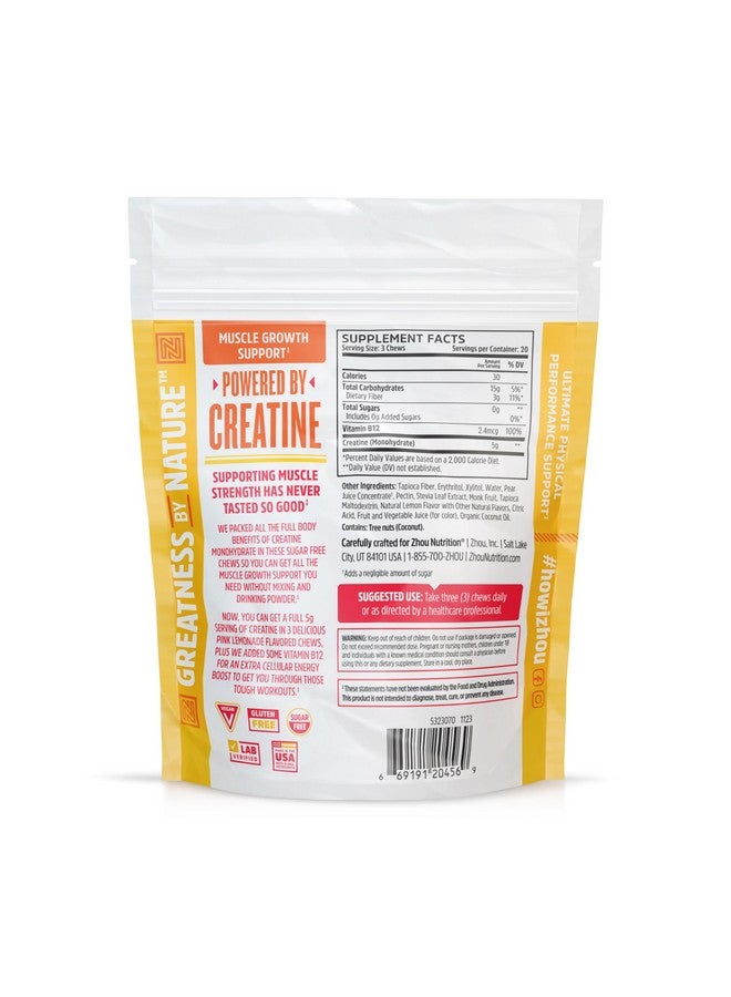 Zhou Nutrition Creatine Monohydrate Chewables 5g for Men & Women, Sugar Free, Organic, Non GMO, Pink Lemonade, 60 Creatine Gummies - Image 2