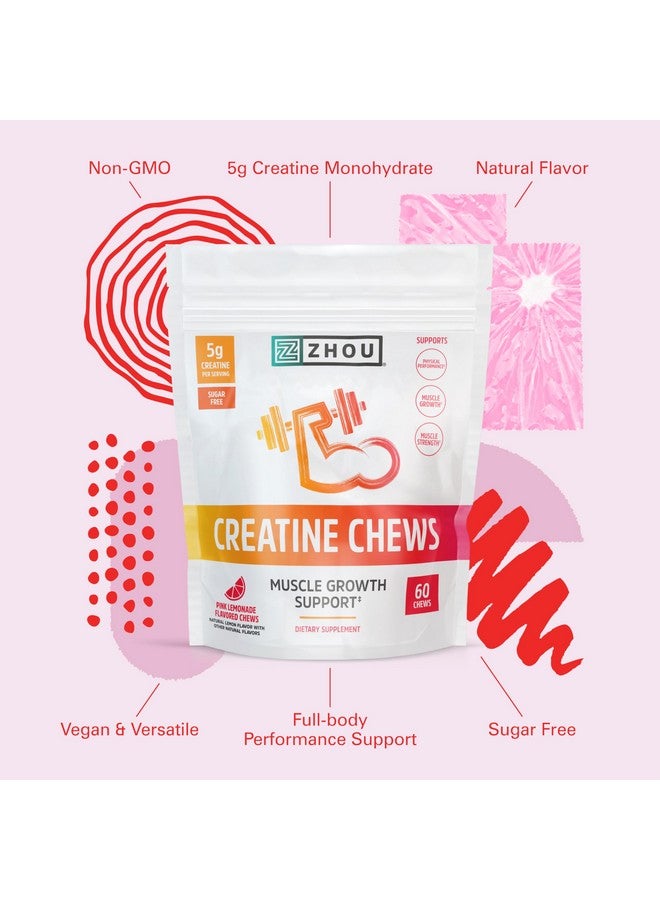 Zhou Nutrition Creatine Monohydrate Chewables 5g for Men & Women, Sugar Free, Organic, Non GMO, Pink Lemonade, 60 Creatine Gummies - Image 5