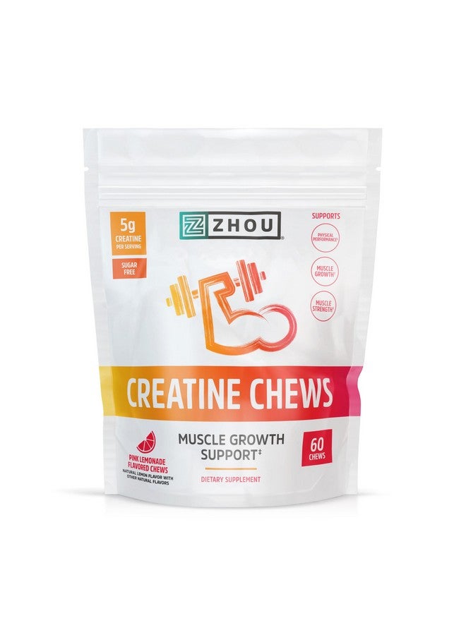 Zhou Nutrition Creatine Monohydrate Chewables 5g for Men & Women, Sugar Free, Organic, Non GMO, Pink Lemonade, 60 Creatine Gummies - Image 1