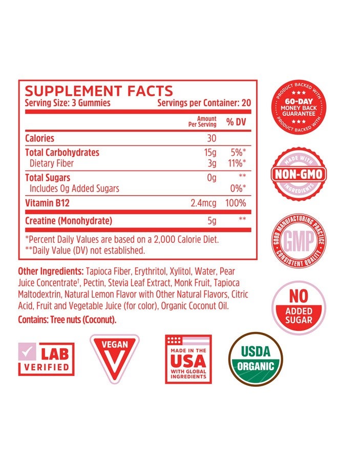 Zhou Nutrition Creatine Monohydrate Chewables 5g for Men & Women, Sugar Free, Organic, Non GMO, Pink Lemonade, 60 Creatine Gummies - Image 3