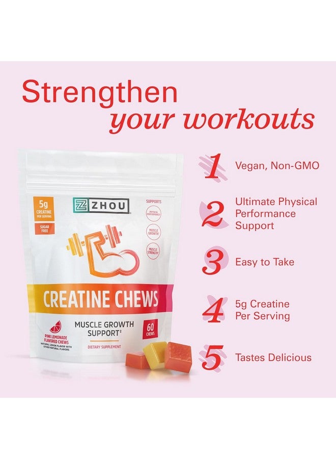 Zhou Nutrition Creatine Monohydrate Chewables 5g for Men & Women, Sugar Free, Organic, Non GMO, Pink Lemonade, 60 Creatine Gummies - Image 4