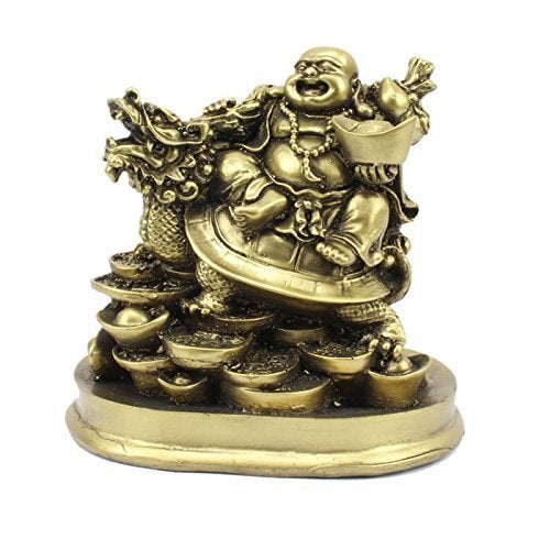 Petrichor Resin Feng Shui Laughing Buddha Riding on Dragon and Ingot – Golden Colour Decorative Showpiece for Home & Office (15 x 10.2 x 15 cm / 5 x 4 x 5 inches) - Image 3