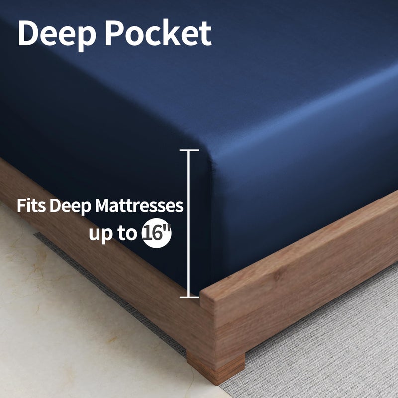 Zaizaihome Bamboo Viscose Cooling Fitted Sheet Queen Size Only  400 Thread Count  16"" Deep Pocket Cooling Bottom Sheets for Hot Sleeper  Silky Soft Breathable (Queen  Navy Blue  - Image 5