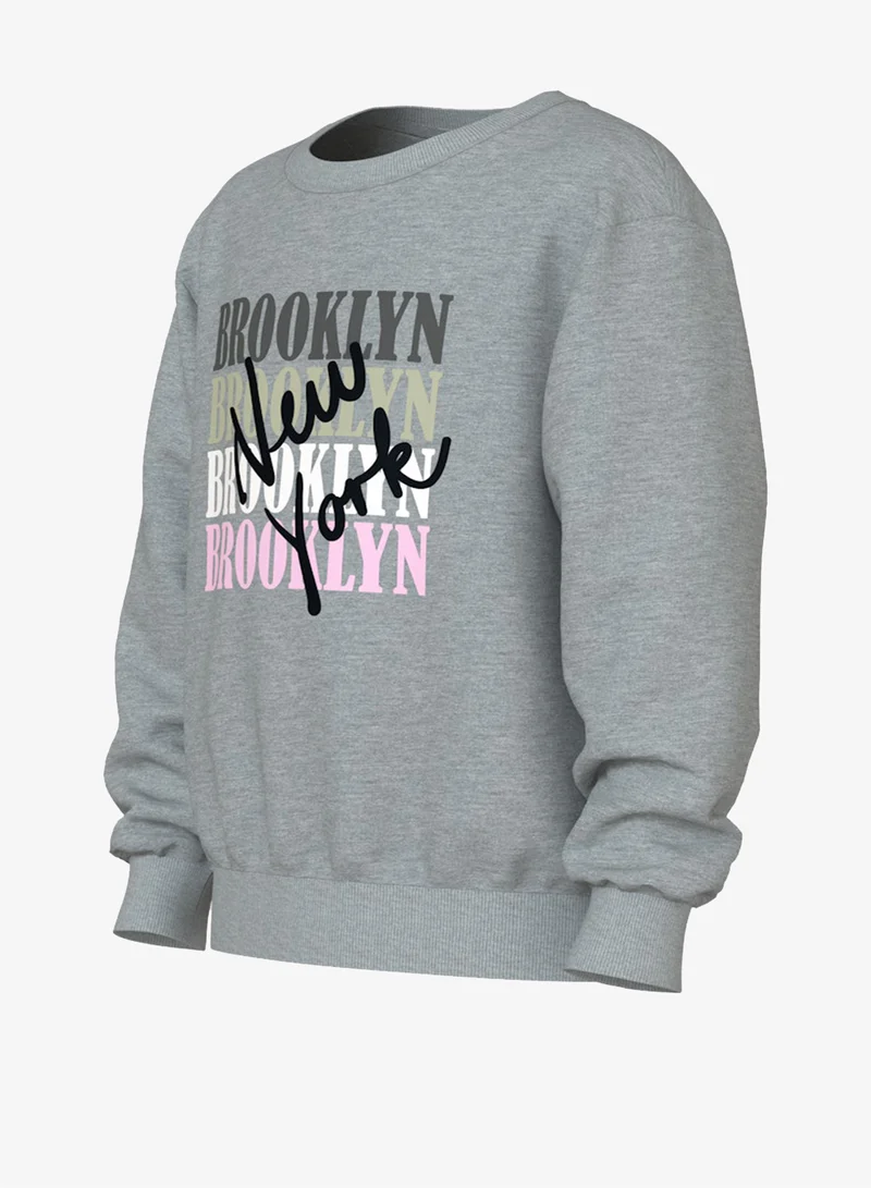 Name It Grey Melange Brooklyn NY Kids Graphic Crew Neck Sweatshirt for Women | Best Price UAE